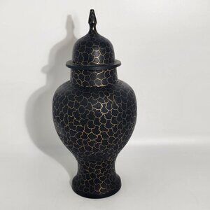 Black Gold Moroccan-Inspired Lidded Metal Urn Hand Painted Vintage Made in India